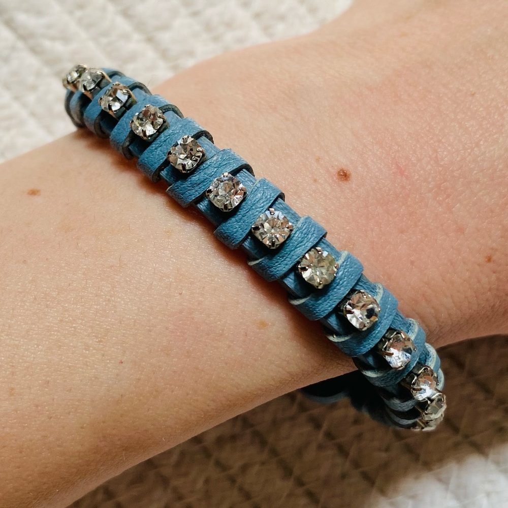 Dainty Blue Leather and Faux Diamond Bracelet